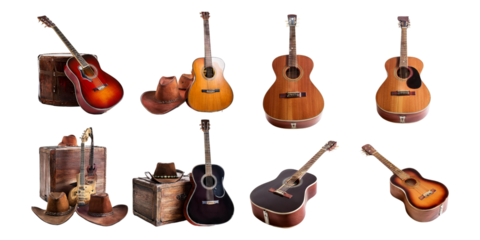 Vintage Guitars and Accessories on Wooden Background, PNG collection, set bundle, isolate on transparent or white background