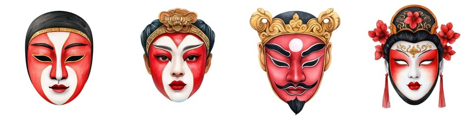 Fototapeta premium Colorful traditional masks depicting traditional characters from Chinese opera, featuring intricate designs and vibrant colors.