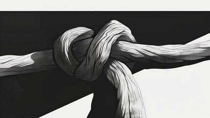 The image features a detailed view of a knotted rope, showcasing the intricate twists and turns of the fibers. The contrasting background enhances the rope's texture and form