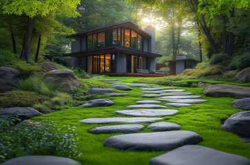 A modern house nestled in the forest, surrounded by lush green grass and stones on the lawn, with a path leading to the entrance. 