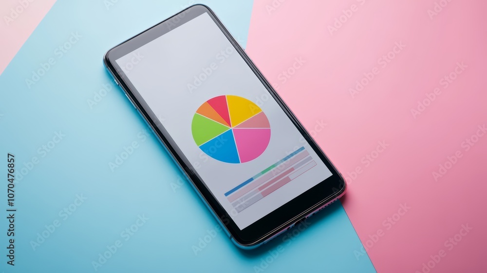 Poster a smartphone displaying a pie chart on a colorful background.