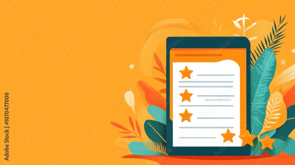 Poster a smartphone with a review on the screen with five stars in an orange background.