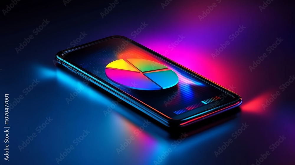 Poster a smartphone with a pie chart on the screen, illuminated by colorful lights.
