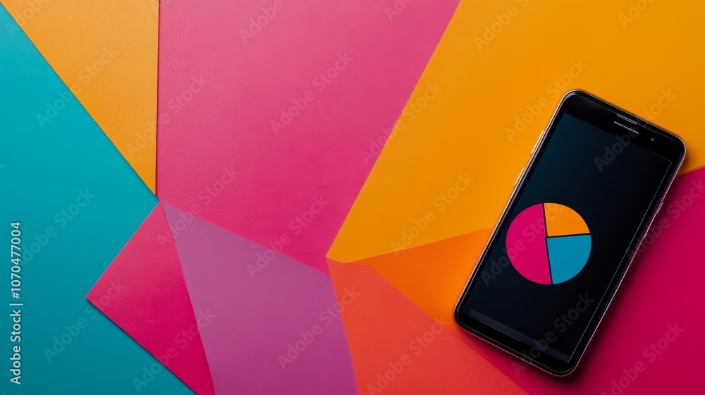 Poster a smartphone with a pie chart displayed on the screen, laid on colorful paper background.