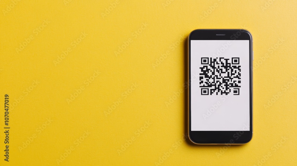 Poster a smartphone with a qr code displayed on the screen, against a bright yellow background.