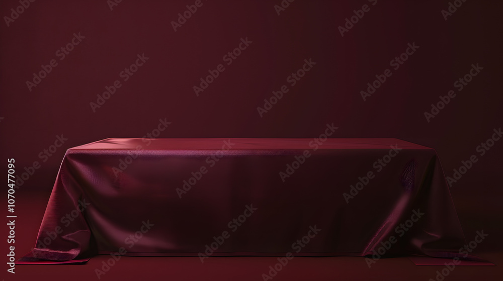 Poster a red tablecloth is draped over a table. the table is empty