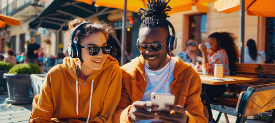 Obraz premium Young Couple Sharing Video Moments at Sunny Outdoor Cafe