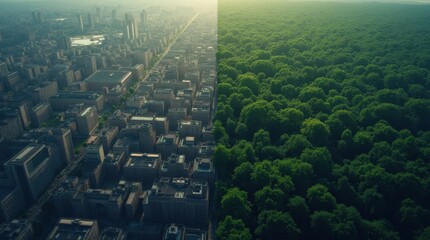 A high-resolution background image contrasting a structured cityscape with chaotic wilderness.