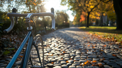 A close-up of a bicycle's handlebar and front wheel on a cobblestone path, with a blurred background of a city park in the morning light