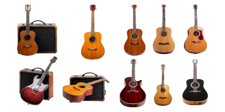 Acoustic and Electric Guitars with Cases Displayed, PNG collection, set bundle, isolate on transparent or white background