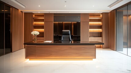 Modern office interior with a sleek desk and elegant lighting.