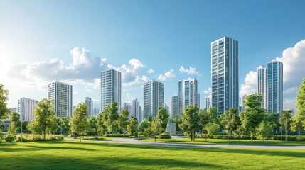Obraz premium A sprawling cityscape with modern high-rise buildings in the background, a lush green park in the foreground with a path winding through the trees and a blue sky with white clouds overhead.