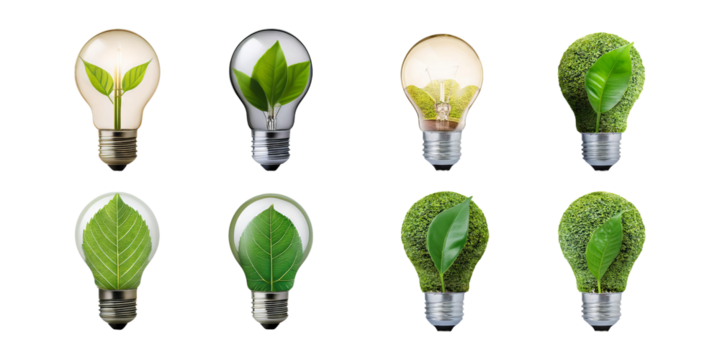 Eco-Friendly Light Bulbs with Plant Elements, PNG collection, set bundle, isolate on transparent or white background