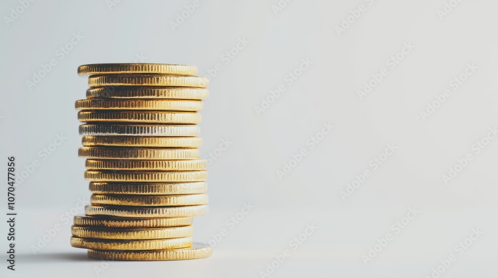 Poster a stack of gold coins on a white background with copy space.