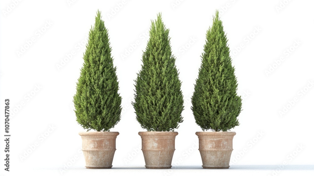 Poster elegant italian cypress trees in pots create a striking visual on a white background. the italian cy
