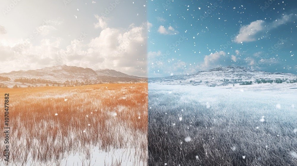 Poster A split image showing a snowy winter scene on the right side and a field with a hint of autumn color on the left.