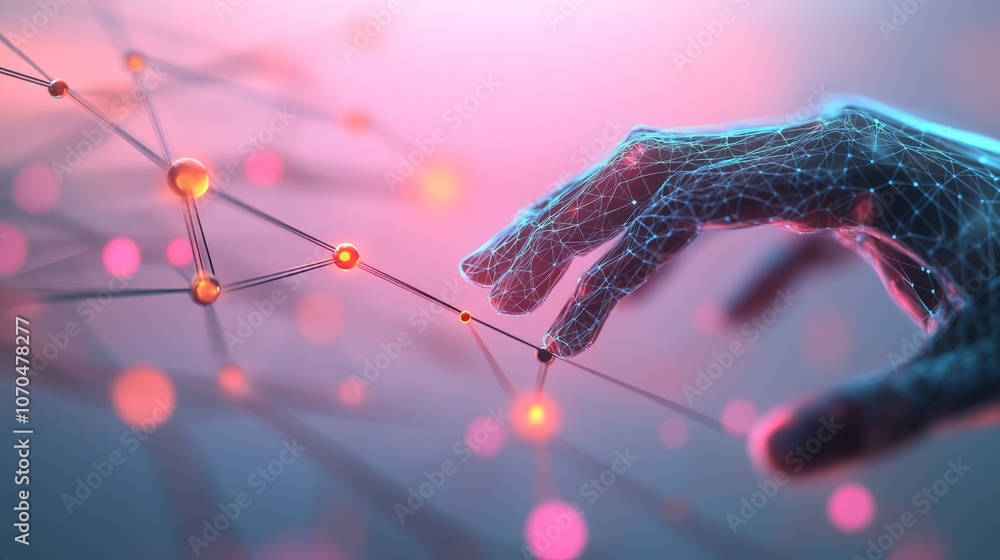 Poster a stylized digital hand reaching towards a network of connected dots and lines, representing digital