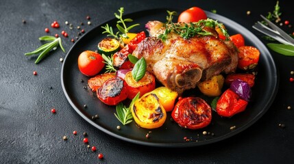 Roasted pork knuckle accompanied by colorful vegetables presented on a sleek black plate, perfect for culinary displays with ample copy space for your design needs.