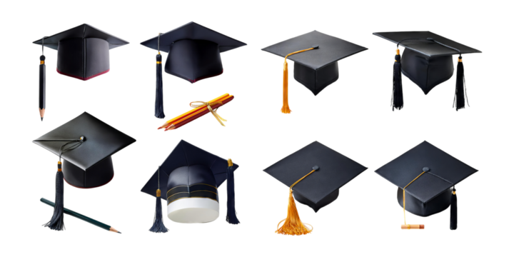 Graduation Caps and Accessories Collection, PNG collection, set bundle, isolate on transparent or white background