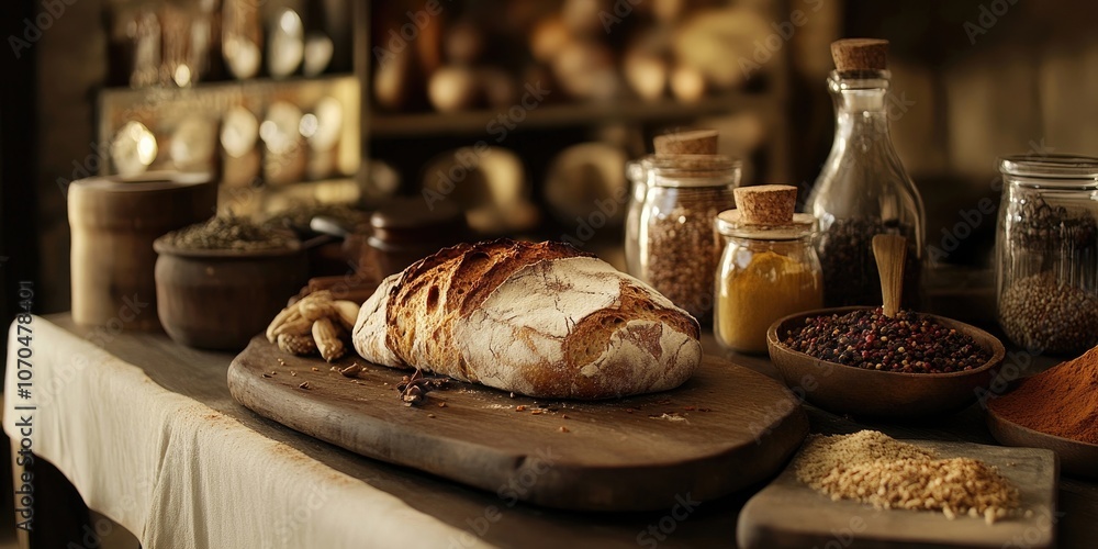 Aufkleber a close up view featuring freshly baked bread accompanied by an array of spices displayed on a rusti