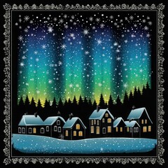 Fototapeta premium Cozy Winter Village Under the Northern Lights. A charming winter village nestled in the snow beneath a vibrant display of the aurora borealis.
