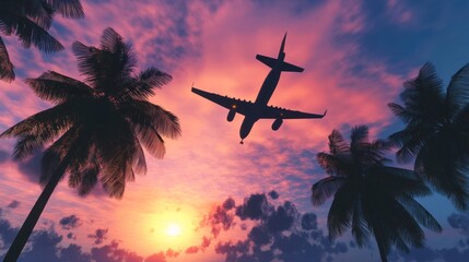 Naklejka premium Airplane Soaring Above Palm Trees at Sunset