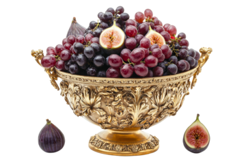 luxurious bowl filled with assorted grapes and figs, showcasing rich colors and textures. ornate design of bowl enhances vibrant fruits, creating elegant display