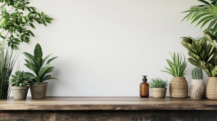 Fototapeta premium Dark wooden podium positioned against a white wall background, adorned with vintage and decorative plants. The vintage wood background serves as a wood tabletop backdrop, ideal for spa products.