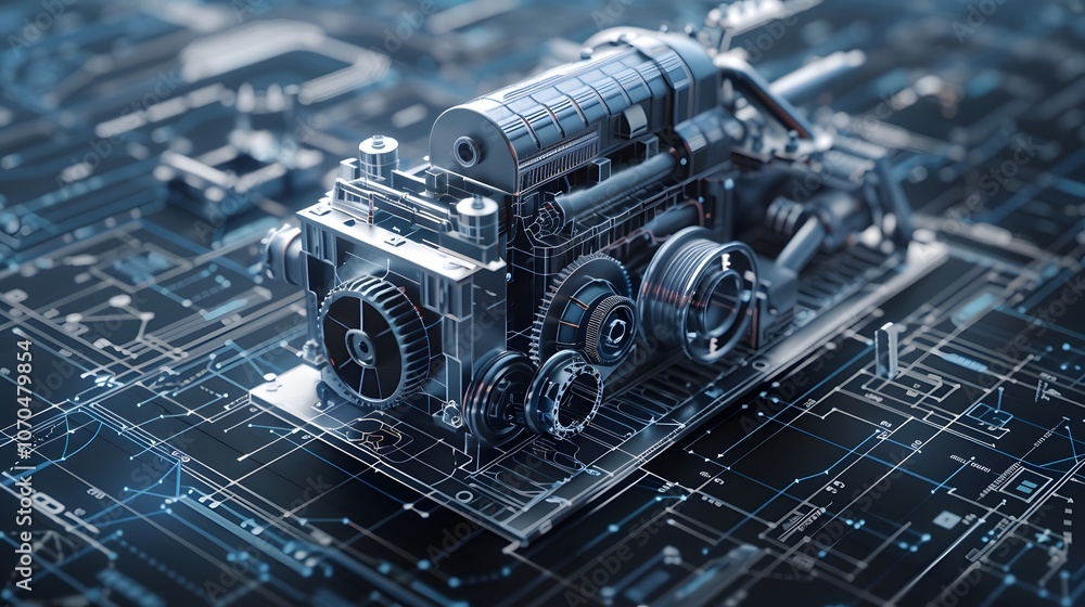 Poster a blue engine with a lot of detail is shown on a blue background. the engine is surrounded by a lot 