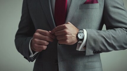 Close-up of a Man Buttoning His Suit Jacket