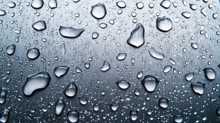 Close-up macro detail of a metal sheet enhanced by water droplets, emphasizing the texture and reflective qualities of the metal surface with ample copy space.