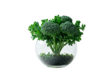 Fototapeta premium Fresh broccoli in clear glass vase, showcasing vibrant green color and healthy leaves, perfect for kitchen or dining decor