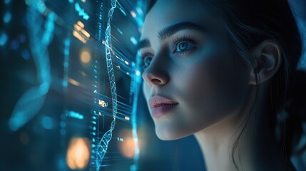 A woman gazes thoughtfully at digital data and DNA strands, symbolizing scientific exploration.