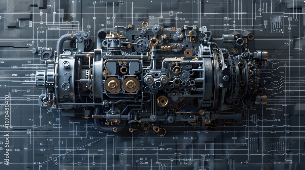 Poster a drawing of a machine with many parts and a ruler. the drawing is of a machine that is not working