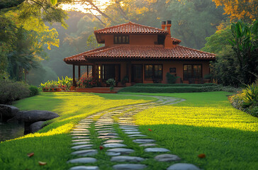 A beautiful house in the middle of an Indian garden, with green grass and stone paths leading to it. The villa has a red tile roof, large windows, and a traditional architectural style