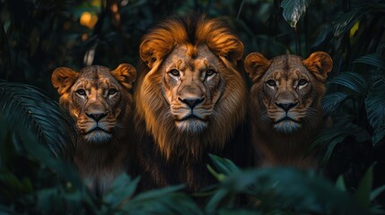 Three majestic lions with golden manes peer out from the jungle foliage, their piercing gaze captivating the viewer.