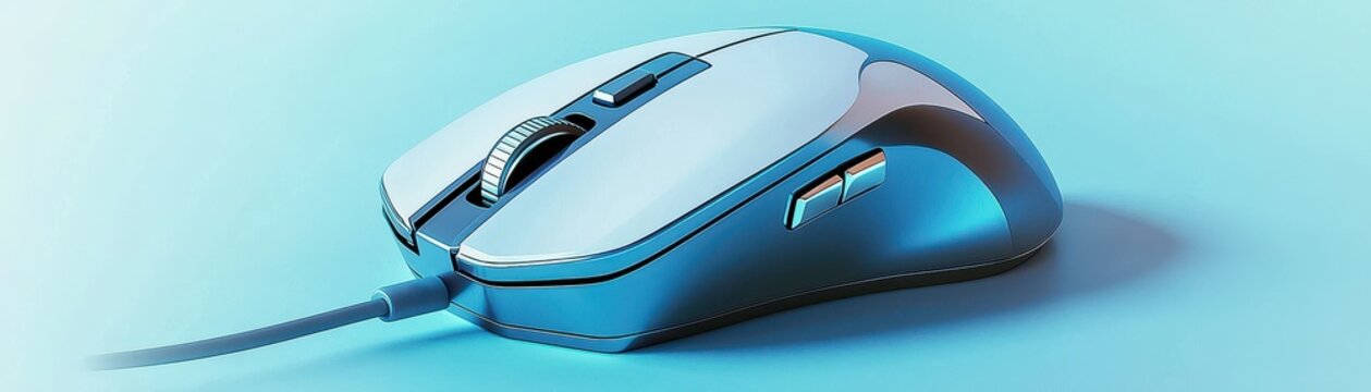 A sleek, modern computer mouse set against a soft blue background, showcasing its ergonomic design and advanced features.
