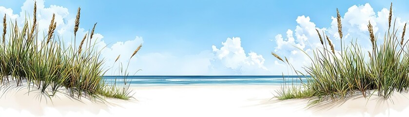 A serene beach scene featuring lush grasses, soft sand, and a tranquil ocean under a clear blue sky.