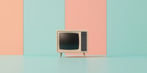 A vintage television sits against pastel-colored walls, showcasing a retro design that blends nostalgia with modern aesthetics.