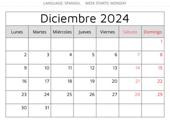 December 2024 SPANISH calendar - Diciembre. Vector illustration. Monthly planning for business in Spain