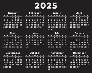 2025 year english vector calendar. Modern design with 12 months, black background