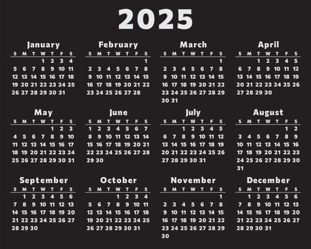 2025 year english vector calendar. Modern design with 12 months, black background