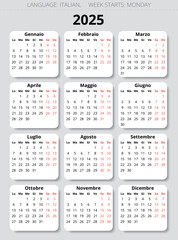 2025 year calendar. Italian language. With 12 months. Vector illustration for Italy