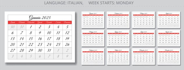 2025 year Italian calendars. Paper pages of 12 months. Vector illustration design for Italy