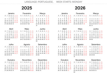 2025 and 2026 portuguese year calendars. Vector illustration set Portugal