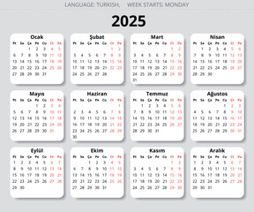 2025 year turkish business calendar. Vector printable illustration for Turkey