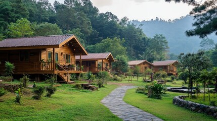 A serene nature retreat center with wooden cabins,