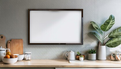 Blank poster frame mockup on kitchen wall in modern interior design. 3D Rendering