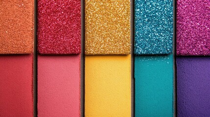 Fototapeta premium Close-up of a Palette of Multicolored Glitter and Matte Eyeshadows