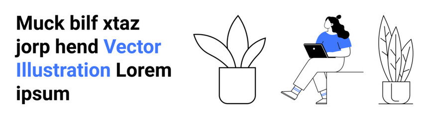 Woman working on laptop next to potted plants and random text elements. Ideal for remote work, productivity, minimalist design, modern lifestyle, tech, plant decor, landing page